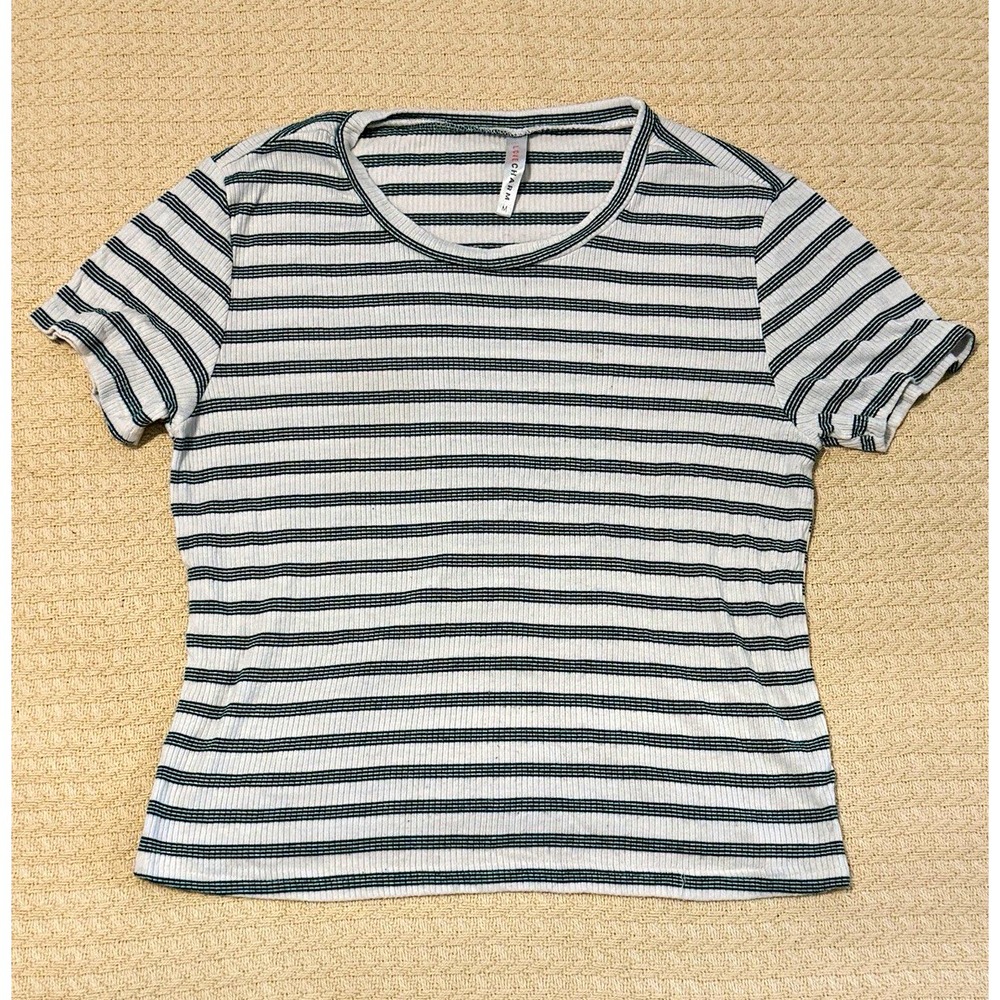 Love Charm Women's Medium Green White Striped Ribbed Short Sleeve Top